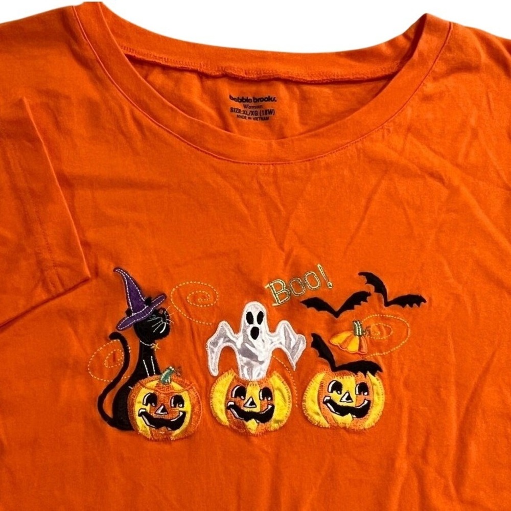 Bobbie Brooks Halloween Shirt Woman XL Orange Embroidered Ghost Cat Spooky Top